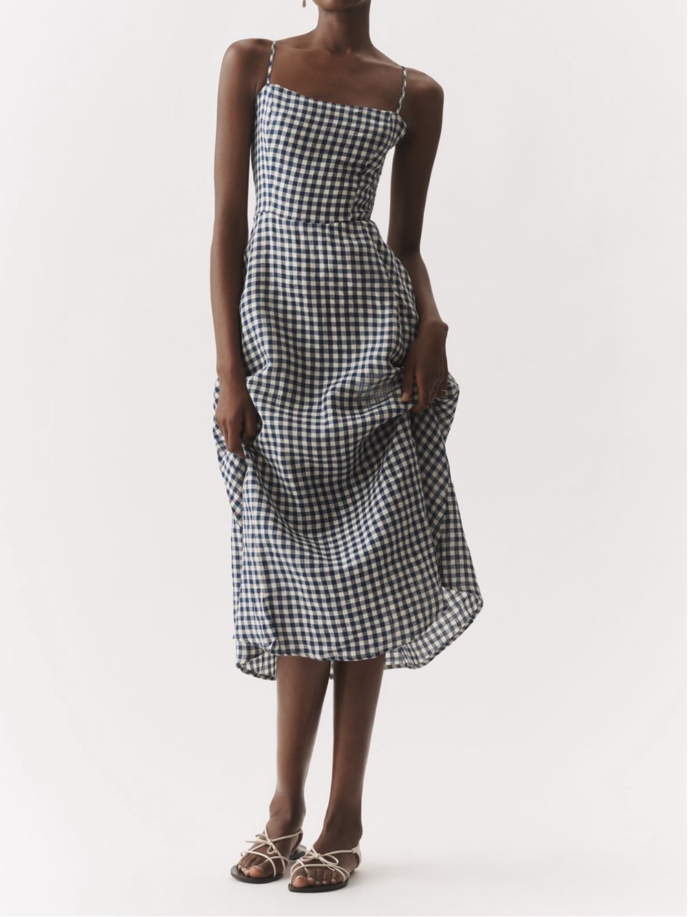 Anthropologie Navy Gingham Linen Midi Dress - Medium